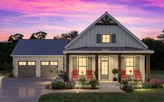 this is an artist's rendering of a house in the evening with lights on