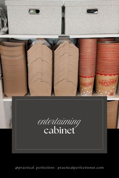 there is a shelf with cups and containers in it that are labeled containing the words entertaining cabinet