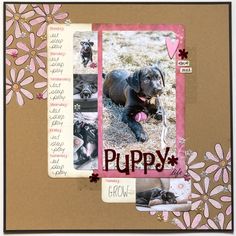 a scrapbook page with an image of a dog and flowers on the cover, along with text that reads puppy