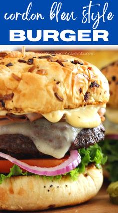 Off center Cordon Bleu burger ready to eat. Frozen Burger Recipes, Handheld Recipes, Onion Buns, Burger Ideas, Burgers Recipes, Savory Ham, Patty Recipe, Hamburger Patty