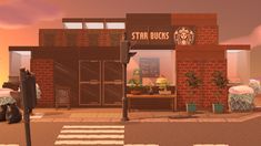 an animated image of a starbucks coffee shop on the corner of a street at sunset