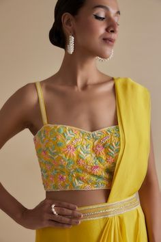 Yellow pre-draped saree with glass bead, cutdana, sequin embellishment on waistband. Paired with floral embroidered blouse. - Aza Fashions Summer Fitted Pre-draped Saree, Elegant Yellow Fitted Pre-draped Saree, Fitted Yellow Pre-draped Saree, Fitted Tops With Dupatta For Reception, Elegant Summer Pre-draped Fitted Saree, Draped Saree, Sequin Embellishment, Drape Saree, Yellow Saree