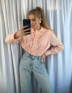 - Vintage pink salmon color blouse, ruffle shirt with puritan collar - Good vintage condition  - TAG SIZE: No information - Fabric information: No information Estimated to fit XS-S-M-L  based on your desired fit. Measurements (laying flat): - Shoulders (back): 43 cm - Length: 66 cm - Sleeve: 62 cm - Armpit to armpit: 60 cm Vintage clothes may come with minor flaws due to pre-loved wear. But most importantly it is a one-of-a-kind piece with its own character. By shopping secondhand you're giving Salmon Blouse Outfit, Pink Long Sleeve Blouse With Lace Collar, Chic Pink Blouse With Lace Collar, Pink Feminine Blouse For Daywear, Feminine Pink Blouse For Daywear, Casual Pink Top With Ruffled Collar, Pink Ruffled Puff Sleeve Blouse, Pink Puff Sleeve Blouse With Ruffles, Chic Pink Top With Lace Collar