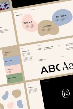 four different types of business cards with the words abc and p on them, all in various colors