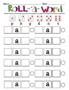 the roll and word worksheet is filled with letters, numbers, and dots