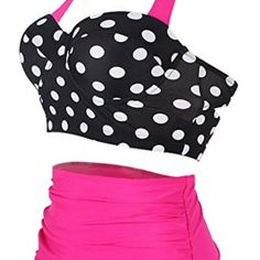 Pink Halter Top With Clasp Bikini, Highwaisted Perfect For Hiding Anything Undesired. Available In Size Small, Medium And Large Retro Fitted Polka Dot Swimwear, Polka Dot Fitted Swimwear, Fitted Polka Dot Swimwear, Pink Fitted High Waist Tankini, Fitted Polka Dot Tankini For Beach, Fitted Polka Dot Beachwear Swimwear, Polka Dot Fitted Tankini For Vacation, Fitted Polka Dot Tankini For Vacation, Retro Fitted Black Swimwear