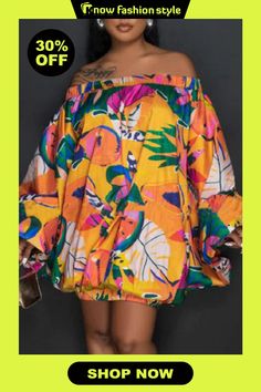 knowfashionstyle Orange Casual Print Backless Off the Shoulder Long Sleeve Dresses Printed Mini Dress For Beach In Fall, Summer Tropical Mini Dress For Party, Tropical Mini Dress For Summer Party, Tropical Multicolor Mini Dress For Party, Tropical Multicolor Party Mini Dress, Off-shoulder Mini Dress For Beach Season Brunch, Off-shoulder Mini Dress For Beach Season, Yellow Mini Dress For Fall Vacation, Printed Off-shoulder Mini Dress For Beach