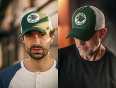 two men wearing green and white hats, one is looking at the camera while the other looks on