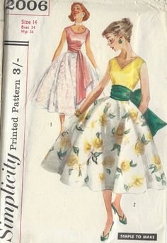 a woman's dress pattern with yellow flowers on the skirt and green bow at the waist