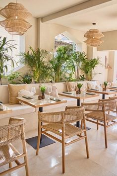 the interior of a restaurant with wicker chairs and tables, potted plants on the windowsill