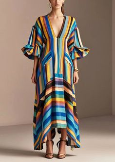 Modern Rainbow V Neck Striped Cotton Maxi Dresses Petal SleeveFabric: Cotton BlendedSize & Fit: Fit: This garment fits true to size.Length: Size L measures 52.65"from shoulder to hemBust: Great for any cup size. Waist: Loose Fit. Comfortable room throughout midsection.Hip: Loose Fit - room for hips. Hand Wash Cold. Bohemian Fitted Striped Dress, Bohemian Striped Fitted Dress, Fitted Bohemian Striped Dress, Cotton Maxi Dresses, Streetwear Dress, Modern Rainbow, Cotton Long Dress, Petal Sleeve, Comfortable Room