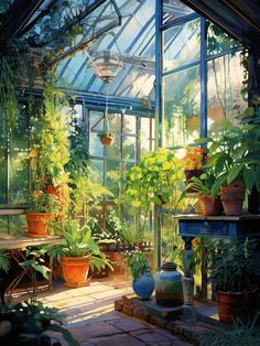 an artist's rendering of a greenhouse with potted plants