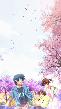 an anime scene with three people standing in front of trees and purple flowers, one holding a small child