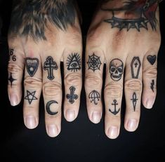 two hands with different tattoos on them