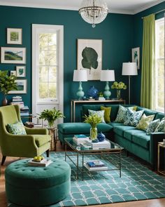 a living room with blue walls and green furniture