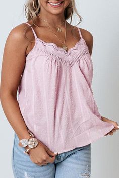 This pink tank top is a lightweight cool cotton blend fabric. Swiss dot texture design. A v-cut neckline with delicate lace trim detailing. Adjustable spaghetti straps for a perfect fit. A relaxed silhouette that falls into a straight hemline. Perfect lightweight flowy tank for hot summer days. Pink Plain, Strap Tank Top, Best Tank Tops, Spaghetti Strap Tank Top, Lace Splicing, Lace Neckline, Pink Tank, Flowy Tank, Pink Tank Top