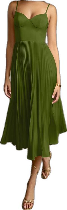 Green Pleated Dress With Spaghetti Straps, Solid Color Pleated Party Dress, Pleated Dress For Party, Satin Pleated Skirt Dress For Summer, Elegant Pleated Skirt For Brunch, Party Dress With Pleated Hem And Flared Skirt, Summer Flared Satin Dress, Summer Satin Dress With Flared Skirt, Spring Pleated Satin Dress