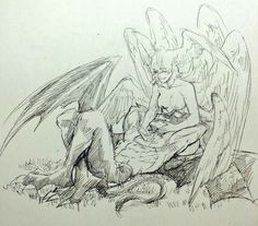 a drawing of two angels sitting on the ground