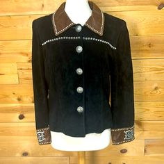 From My Personal Collection, Excellent Used Condition. No Flaws That I Can See. Double D Ranchwear Suede & Leather Jacket. Super Soft Black Suede With Brown Leather Collar And Cuffs. Collar And Cuffs Have Silver Bead Trim. Cuffs Have Big Silver & Truquoise Buckle-Looking Concho On Them. Silver Beads Across Chest And Upper Back. Functioning Silver Concho Buttons. Silky Rayon Lining. Large (Measurements Are My Own, Taken Flat & Approximate): 21" Across Front From Armpit To Armpit, 18" Shoulders, 2 Black Western Jacket, Native Cowgirl, Black Concho Belt Buckles For Ranch, Luxury Western Long Sleeve Leather Jacket, Black Leather Jacket With Rhinestone Rivets, Black Double-breasted Leather Jacket With Double Button Closure, Double D Ranch, Suede Leather Jacket, Rodeo Queen