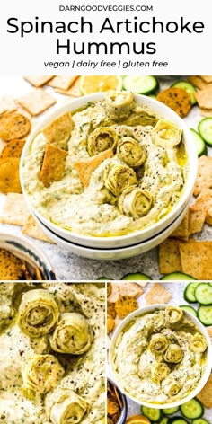 spinach artichoke hummus in a bowl surrounded by crackers and cucumbers