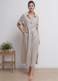 Oversize Linen Shirt Maxi Dress, Womens Casual Linen Shirt C2942 - Etsy Denmark Chic Button-up Linen Dress For Daywear, Casual Knee-length Linen Shirt Dress, Elegant Linen Button-up Shirt Dress, Linen Button-up Shirt Dress With Pockets, Linen Dresses Elegant, Oversized Linen Button-up Dresses, Casual Linen Shirt, Long Linen Shirt, Shirt Maxi Dress