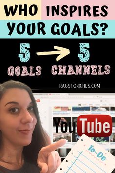 a woman pointing to the side with text overlay that reads, who inspires your goals? 5 goals channels