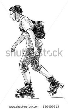 a man riding a skateboard with a back pack on his back, hand drawn