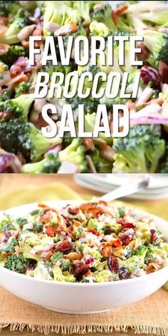 broccoli salad in a white bowl with the title above it