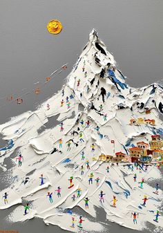 a painting of people skiing in front of a snow covered mountain