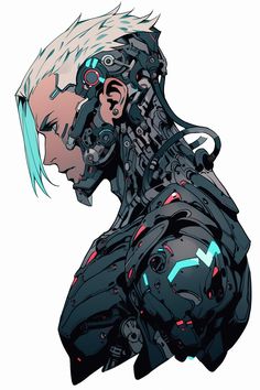 a drawing of a man with white hair and piercings on his head, wearing futuristic armor