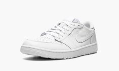 The Air Jordan 1 Low Golf “Triple White” is a monochromatic white colorway of the version of the vintage basketball shoe designed for golf.  The “Triple White” is one of multiple Jordan 1 Low Golf styles released by Jordan Brand in 2022.  Designed for the fairway, style elements include an all-white leather construction with a white leather Swoosh on the sides.  Tonal “Wings” branding is found on the heel.  Additional branding appears on the tongue tag, where a Jumpman and “Golf” detailing are f Classic White Low-top Golf Shoes, White Golf Sneakers With Boost Midsole, White Sporty Golf Shoes With Perforations, Sporty White Golf Shoes With Perforations, Casual White Sneakers For Golf, White Low-top Golf Shoes With Perforations, White Golf Shoes With Boost Midsole For Casual Wear, Classic White Golf Sneakers, Casual Golf Sneakers With Boost Midsole