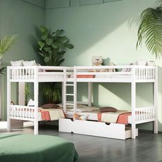 a white bunk bed sitting next to a plant in a green room on top of a hard wood floor