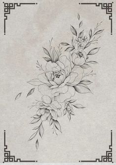 a black and white drawing of flowers on a piece of paper with an ornate border around it