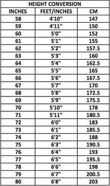 the height and weight chart for each pair of shoes, which are available in different sizes