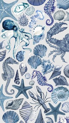 blue and white sea creatures are shown in this watercolor painting style pattern on paper