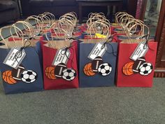 several bags with sports themed items on them