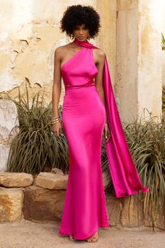 Mademoiselle Hot Pink Asymmetric Scarf Neck Backless Maxi Dress – Club L London - UK Hot Pink Gown, Satin Design, Evening Wear Dresses, Gala Event, Pink Gown, Backless Maxi Dress, Strapless Prom Dresses, Pink Mermaid, Girls Formal Dresses