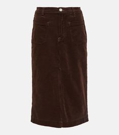 High-rise corduroy midi skirt in brown - Frame | Mytheresa Brown Denim Skirt, Corduroy Midi Skirt, Skirt Aesthetic, Light And Dwell, Fall Palette, Brown Denim, High Rise Style, Mid Heels Pumps, Mid Heel Sandals