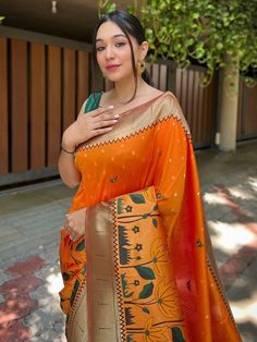 Discover exquisite craftsmanship with our orange banarasi paithani silk saree and matching saree blouse. Made from pure silk, this saree showcases the mastery of traditional Indian weaving techniques, resulting in a stunning and elegant design.
The highlight of this saree is the beautifully woven resham zari, which adds a touch of opulence and grandeur. The intricate 12-inch meenakari flower design at the border is a testament to the skill and artistry of our talented artisans.With a length of 5 Paithani Silk Saree, Reception Saree, Cocktail Reception, Marriage Ceremony, Saree With Blouse, Draped Fabric, Traditional Indian, Weaving Techniques, Saree Wedding