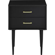 a black nightstand with two drawers and gold pulls on the bottom drawer, against a white background