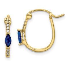 a pair of blue sapphire and diamond hoop earrings in yellow gold plated sterling silver