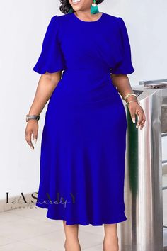 Lasaky - Refined Royal Blue A-Line Dress with Solid Patchwork and Elegant O-Neck for Professional Work Attire Elegant Mermaid Dress, Summer Evening Dress, Formal Occasion Dress, Vintage Midi Dresses, Draped Midi Dresses, Royal Blue Dress, Half Sleeve Dresses, Royal Blue Dresses, Midi Dress Summer