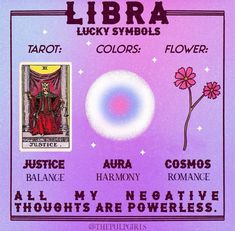 a poster with the words libra, lucky symbols, colors, and flowers