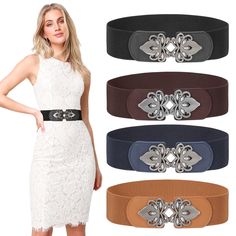 women's stretch belt with metal buckles and embellished flower detail in various colors