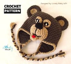 a crocheted bear hat with tassels on the front and side, made to look like a teddy bear