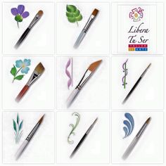 there are many different types of paint brushes on this page, including one with flowers and the other with leaves