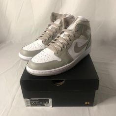 Air Jordan 1 Mid "Linen" Dior X Jordan, Air Jordan 1 Mid Linen, Jordan 1 Mid Linen, Grey Color Scheme, Air Jordan 1 Mid, Jordan 1 Mid, Michael Jordan, Nike Air Force Sneaker, Air Jordan 1