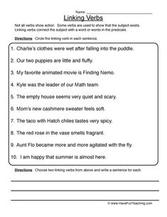 the worksheet for linking verbs