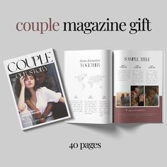 the couple magazine gift guide is open and showing two pages, one with an image of a man and woman