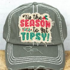 Woman’s Distressed Hat. Velcro Closure In The Back, Adjustable.One Size Fits Most. Embroidered Text Design. Casual Holiday Hat With Curved Brim, Casual Curved Brim Hats For Holiday, Casual Curved Brim Hat For Holidays, Casual Curved Brim Holiday Hat, Casual Christmas Hat, One Size Fits Most, Casual Christmas Hat One Size Fits Most, Casual Christmas Hat, Casual Christmas Cap, Black And White Hats